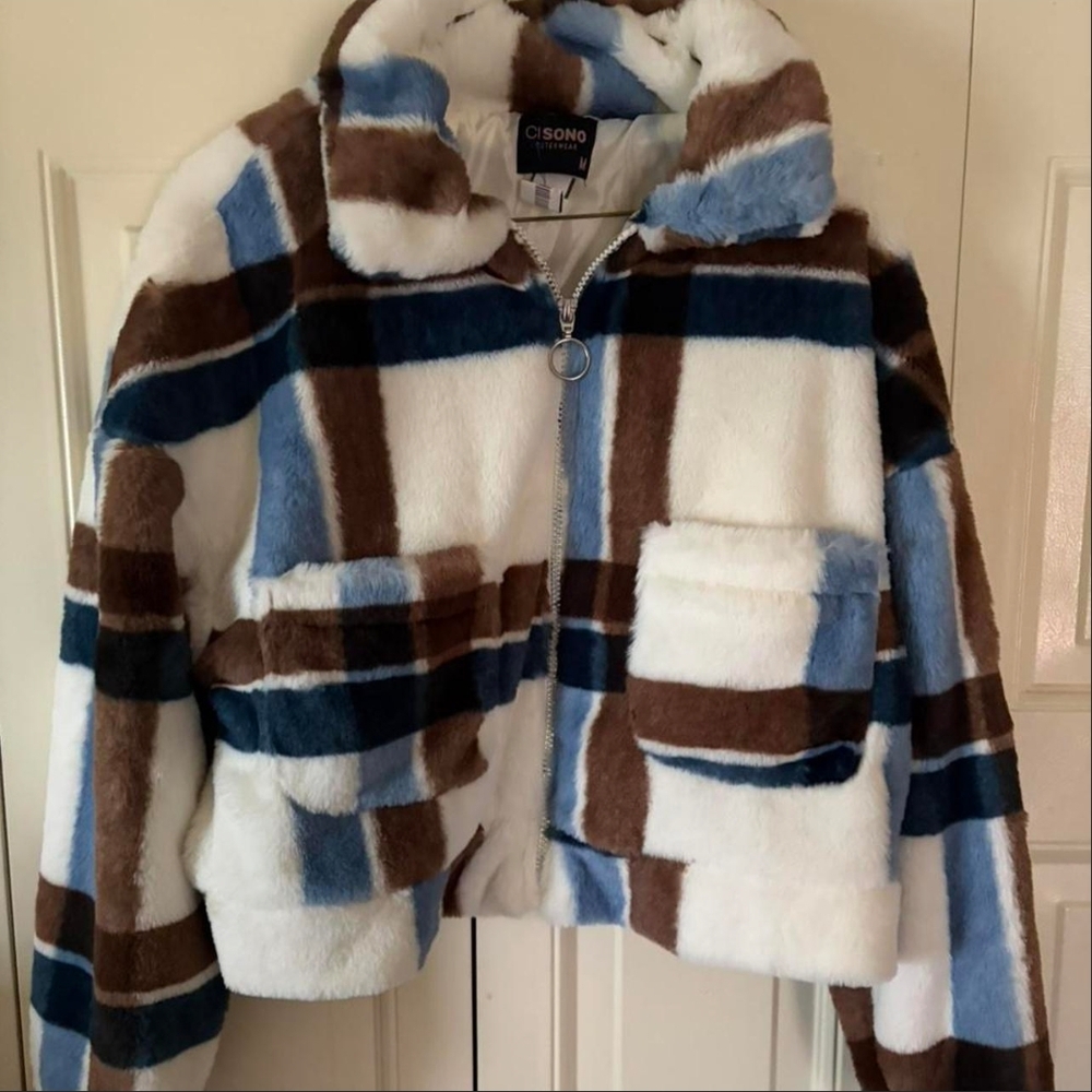 Ci Sono Women's Teddy Jacket - Blue, Brown, and White